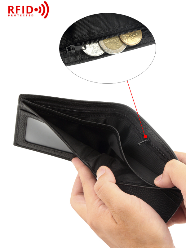 Muški novčanik s RFID zaštitom od kože prvog sloja, s džepom za novčiće na zip, poslovni stil