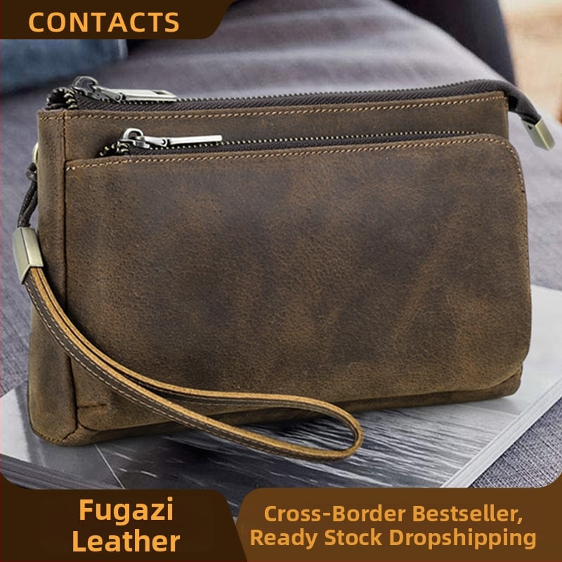 Black Angel мъжки клач от първокласна кравешка кожа, водоустойчив и разширяем, с множество ципове и отделения за телефон и слушалки