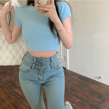 Slim-fit pleteni pulover s imitacijom mink, Cool Silk tkanina, 3/4 rukavi, U oblik izreza