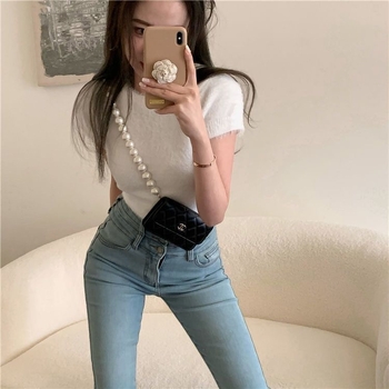 Slim-fit pleteni pulover s imitacijom mink, Cool Silk tkanina, 3/4 rukavi, U oblik izreza
