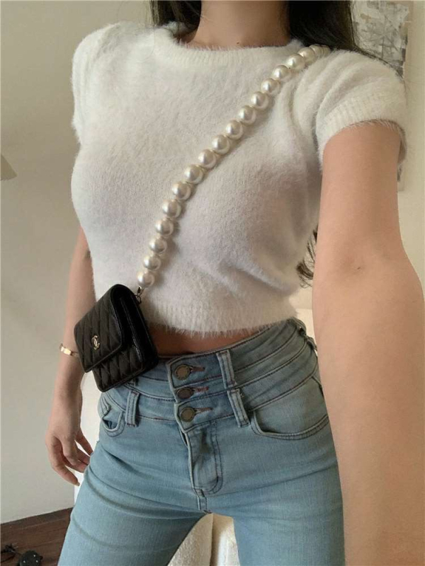 Slim-fit pleteni pulover s imitacijom mink, Cool Silk tkanina, 3/4 rukavi, U oblik izreza