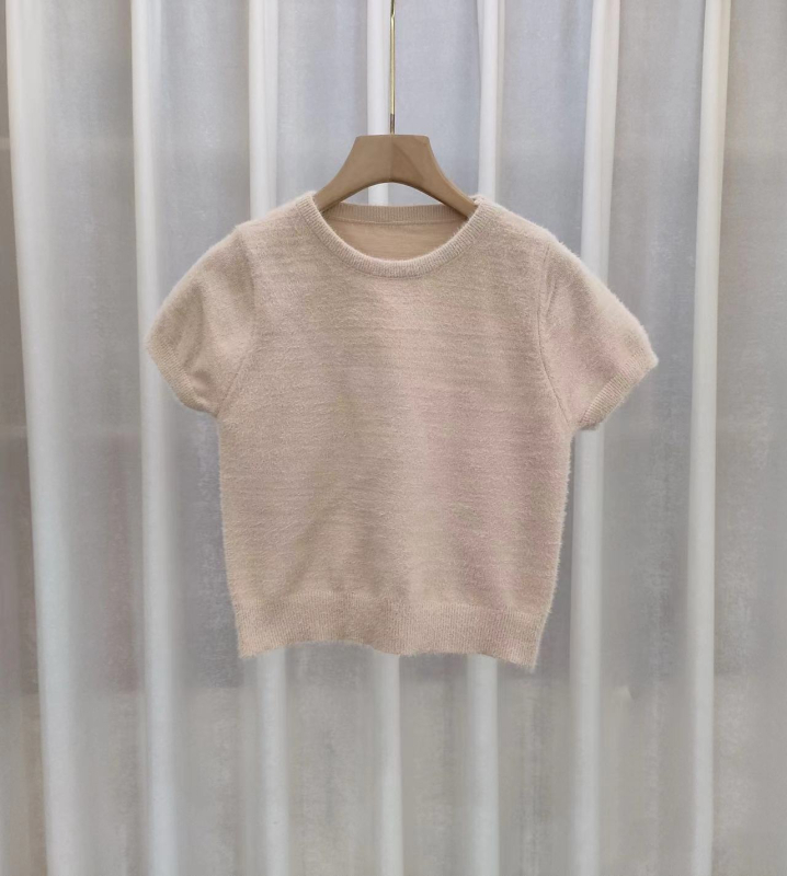 Slim-fit pleteni pulover s imitacijom mink, Cool Silk tkanina, 3/4 rukavi, U oblik izreza