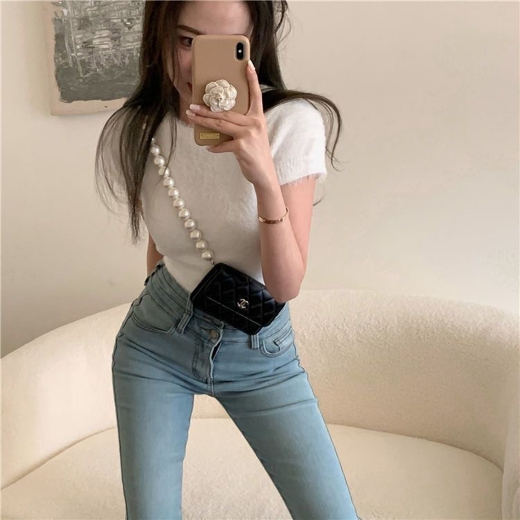 Slim-fit pleteni pulover s imitacijom mink, Cool Silk tkanina, 3/4 rukavi, U oblik izreza