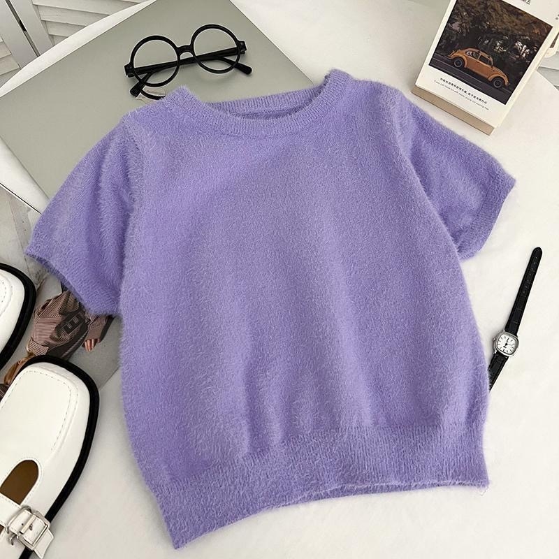Slim-fit pleteni pulover s imitacijom mink, Cool Silk tkanina, 3/4 rukavi, U oblik izreza