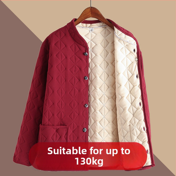 Jachetă damă din bumbac gros cu guler înalt, croială lejeră, umplutură poliester-bumbac, lungime 50–65 cm, iarnă 2025