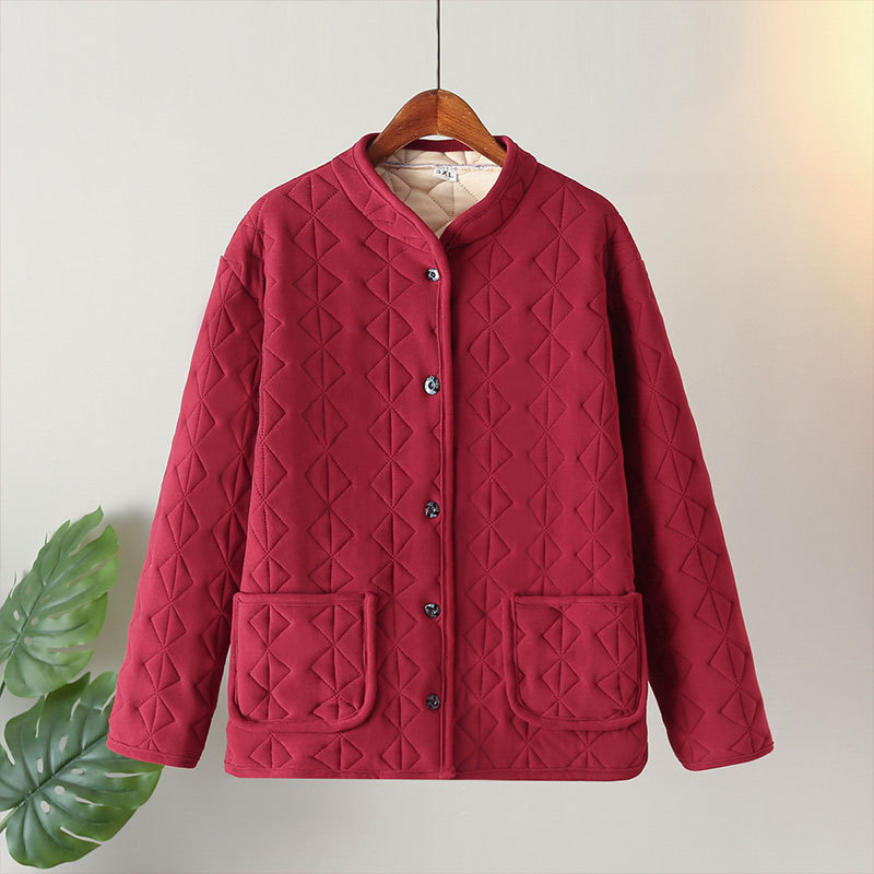 Jachetă damă din bumbac gros cu guler înalt, croială lejeră, umplutură poliester-bumbac, lungime 50–65 cm, iarnă 2025