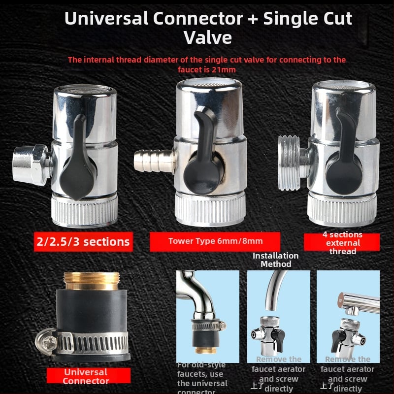 Свързвач за пречиствател на вода за чешмата с адаптер и разделител на вода, диаметри тръби 4–2 и 1/2–1/4 инча