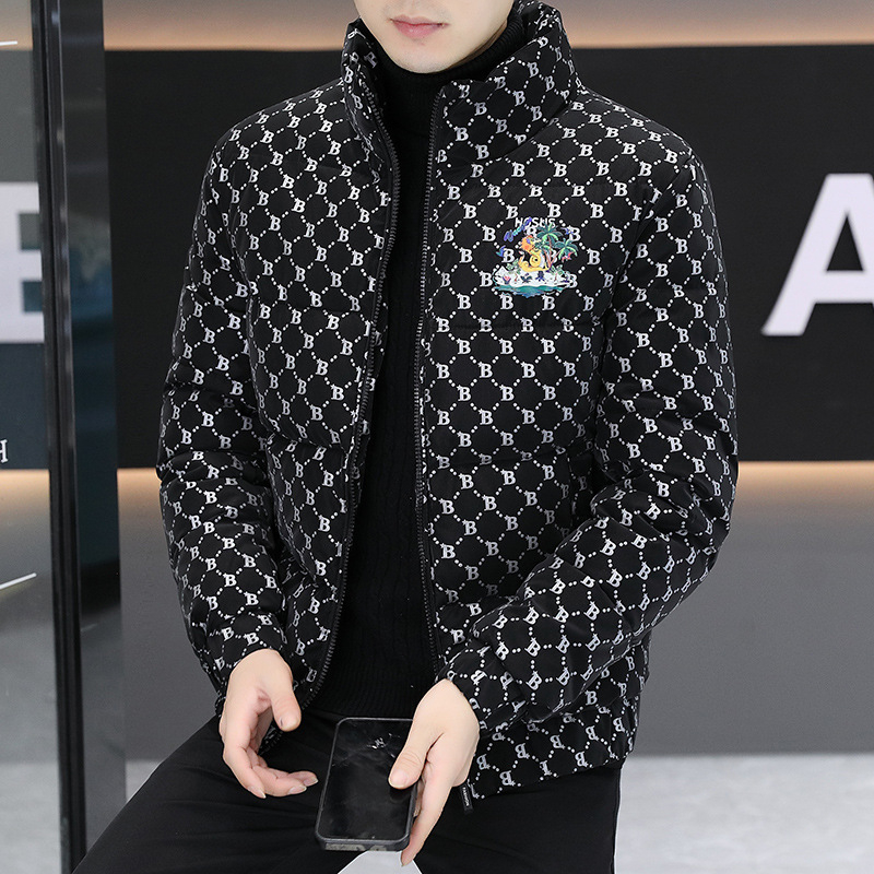 Ανδρικό μπουφάν με βαμβακερή επένδυση, στενή εφαρμογή, στάσιμος γιακάς, φερμουάρ, φλις επένδυση