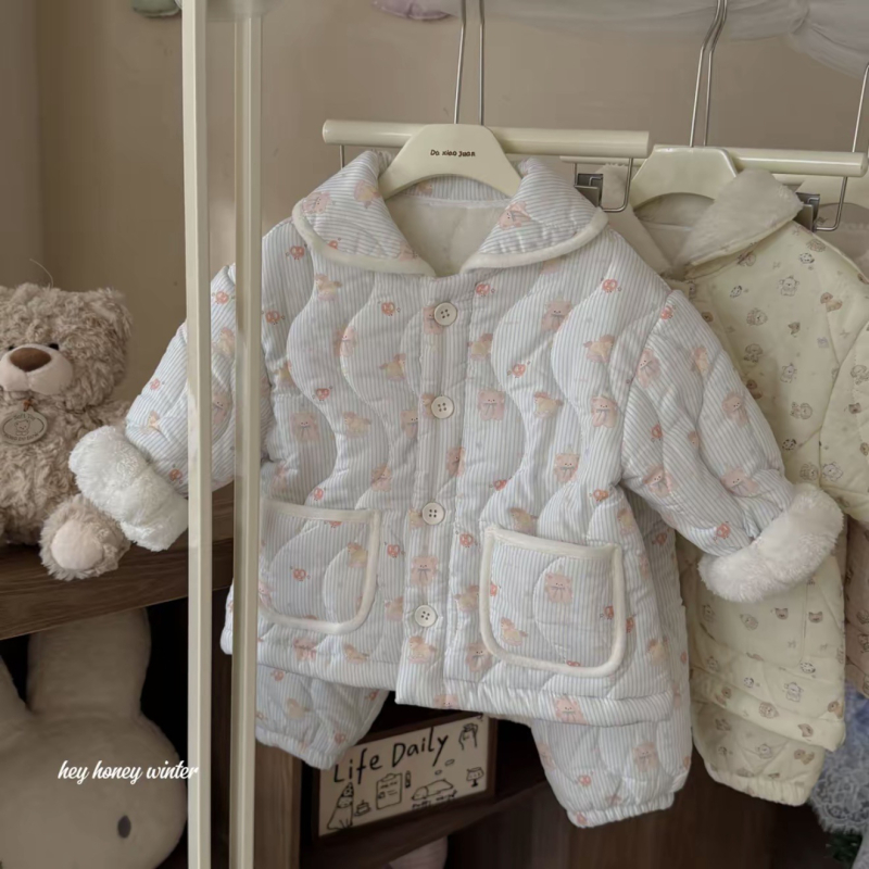 Set pentru copii de haine de casă pentru iarnă, cu trei straturi quilt, din bumbac 100%, unisex, vârsta 3–8 ani