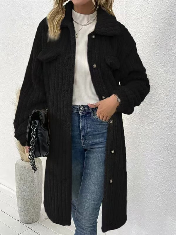 Női hosszú poliészter kabát gallérral, egyszínű, vast anyag, panelos dizájn, japán-koreai kényelmes stílus