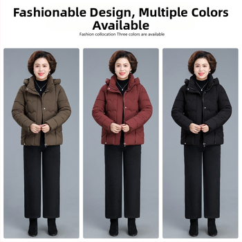Ženská zimná bunda s výplňou zo silk-pamukového materiálu, vonkajší polyester, kapucňa, stredná dĺžka, zima 2025