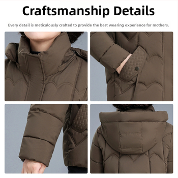Ženská zimná bunda s výplňou zo silk-pamukového materiálu, vonkajší polyester, kapucňa, stredná dĺžka, zima 2025