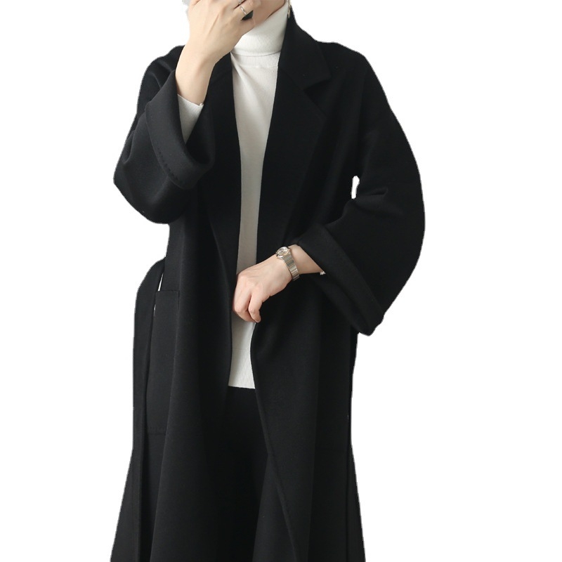 Női gyapjú kabát kettős oldalú kasmírral, középhosszú, laza szabás, zakós gallér, több mint 95% gyapjú