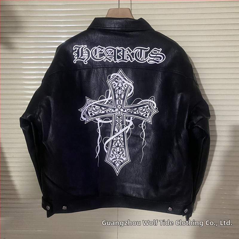 Δερμάτινο μπουφάν PU, γιακά τύπου Lapel, μονόκουμπωτο κλείσιμο, φαρδιά γραμμή, πλαϊνές τσέπες, διακοσμητικά κεντήματα με διασταυρωμένο σχέδιο