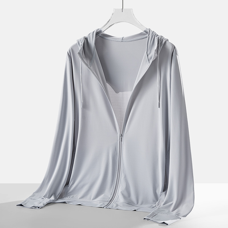 UPF50+ ruházat napsugárvédő, Ice Silk légáteresztő, gyorsan száradó anyag, kapucni, szabad szabás, 91,4% poliészter