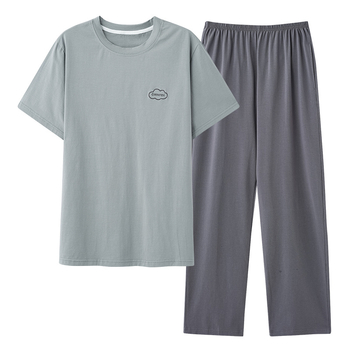 Set de pijamă bărbați din bumbac 100% – guler rotund, mâneci 3/4, pantaloni, țesătură ușoară 161–180 g/m²