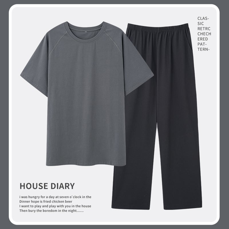 Set de pijamă bărbați din bumbac 100% – guler rotund, mâneci 3/4, pantaloni, țesătură ușoară 161–180 g/m²