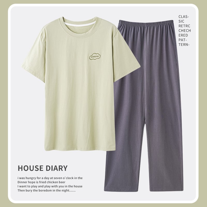 Set de pijamă bărbați din bumbac 100% – guler rotund, mâneci 3/4, pantaloni, țesătură ușoară 161–180 g/m²