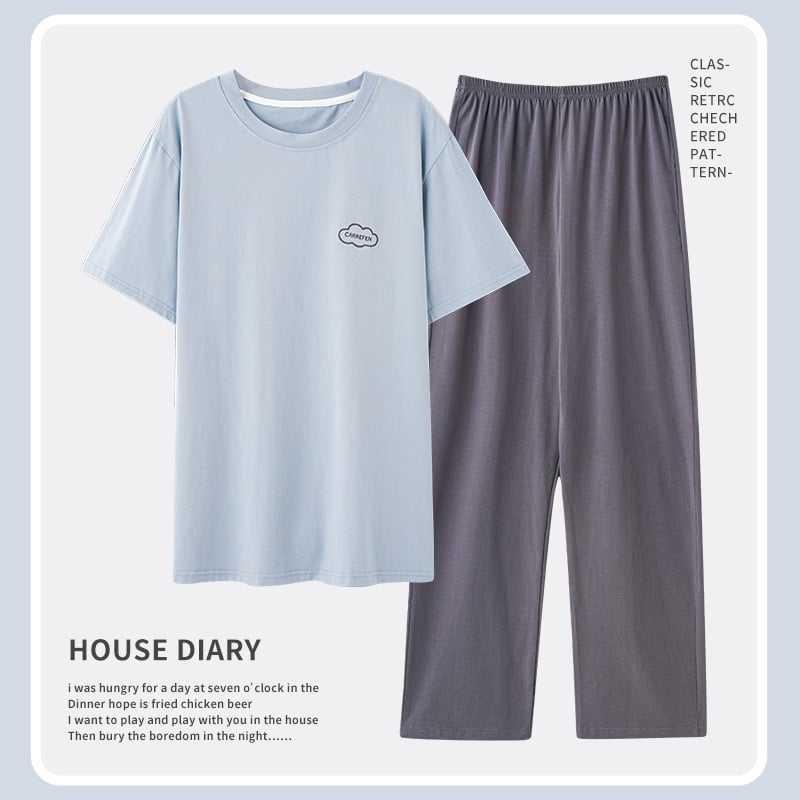 Set de pijamă bărbați din bumbac 100% – guler rotund, mâneci 3/4, pantaloni, țesătură ușoară 161–180 g/m²