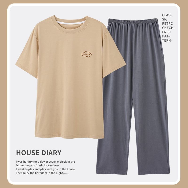 Set de pijamă bărbați din bumbac 100% – guler rotund, mâneci 3/4, pantaloni, țesătură ușoară 161–180 g/m²