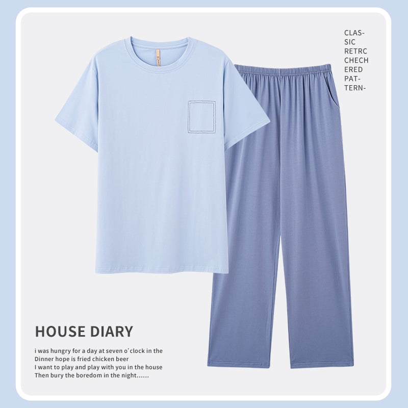 Set de pijamă bărbați din bumbac 100% – guler rotund, mâneci 3/4, pantaloni, țesătură ușoară 161–180 g/m²