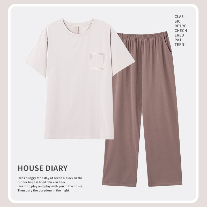 Set de pijamă bărbați din bumbac 100% – guler rotund, mâneci 3/4, pantaloni, țesătură ușoară 161–180 g/m²