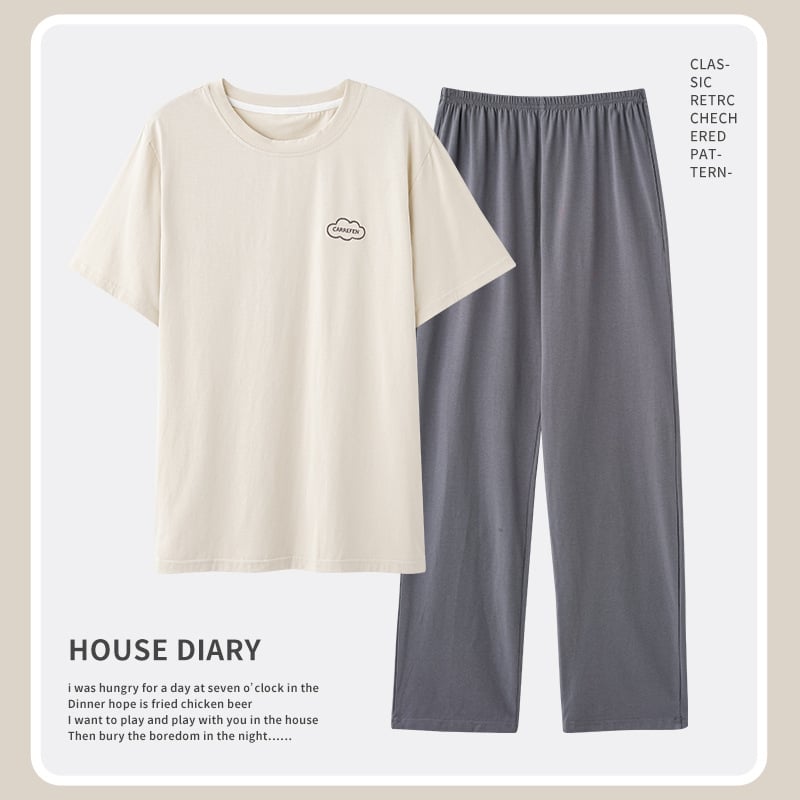 Set de pijamă bărbați din bumbac 100% – guler rotund, mâneci 3/4, pantaloni, țesătură ușoară 161–180 g/m²