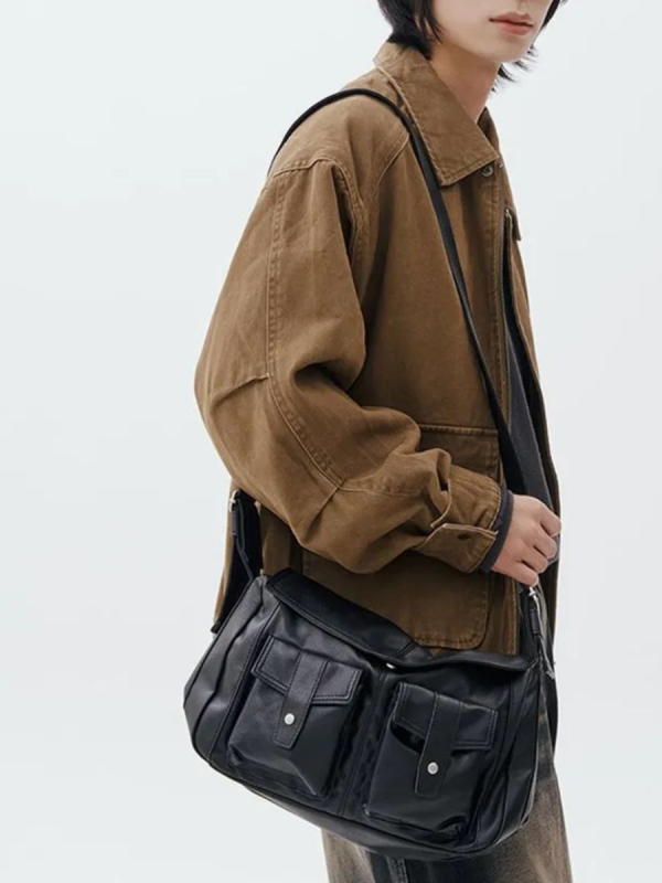 Geantă crossbody pentru bărbați din PU – stil retro, model geometric, impermeabilă, căptușeală din poliester