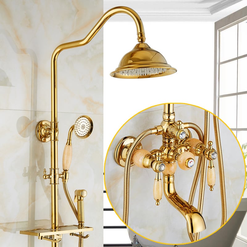 Set de duș din cupru cu jad natural, montaj pe perete, funcție ploaie, pistol de pulverizare inclus