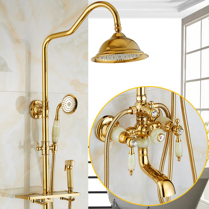 Set de duș din cupru cu jad natural, montaj pe perete, funcție ploaie, pistol de pulverizare inclus