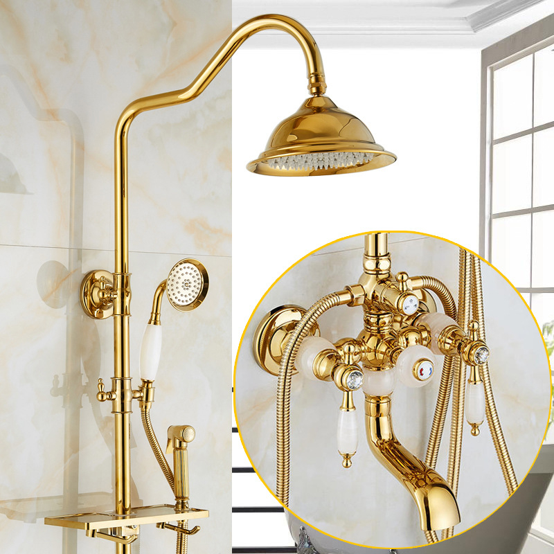 Set de duș din cupru cu jad natural, montaj pe perete, funcție ploaie, pistol de pulverizare inclus