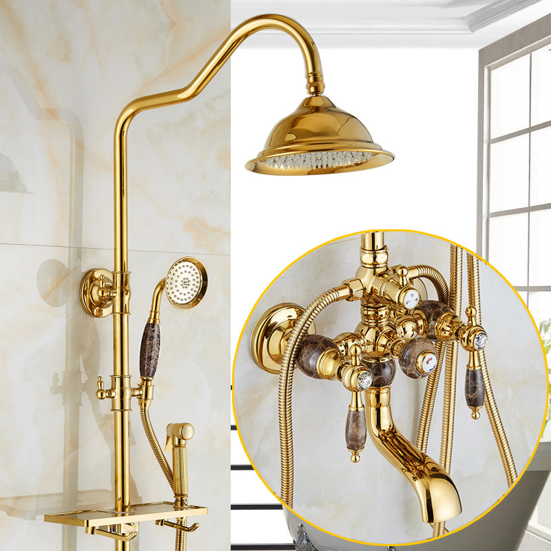 Set de duș din cupru cu jad natural, montaj pe perete, funcție ploaie, pistol de pulverizare inclus