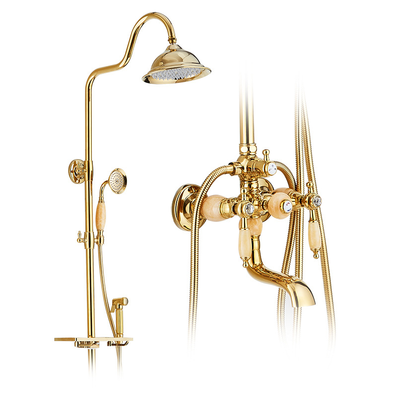 Set de duș din cupru cu jad natural, montaj pe perete, funcție ploaie, pistol de pulverizare inclus