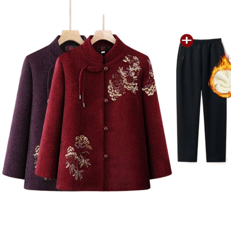 Bavlnená vypchávacia bunda s flísovou podšívkou, dlhý strih, odnímateľný golier z umelej kožušiny, vhodná pre staršie ženy