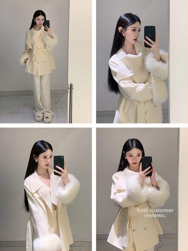 Dámsky kabát s obojstrannou líščou srsťou a kašmírovou-vlnenou zmesou, štíhla silueta, corduroy látka, zimná sezóna 2025, obsah líščej srsti pod 30%