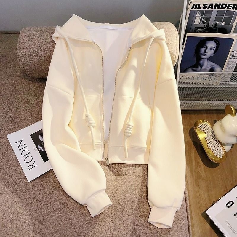 Cardigan scurt cu glugă și fermoar, croială lejeră, corduroy, amestec din păr de iepure 50–70%, primăvara 2023