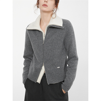 Ženski debeli vuneni kardigan pulover, poluturtleneck ovratnik, dugi rukavi, 95% kašmira