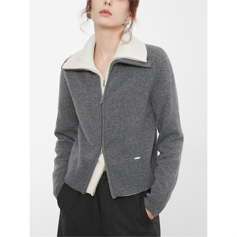 Ženski debeli vuneni kardigan pulover, poluturtleneck ovratnik, dugi rukavi, 95% kašmira