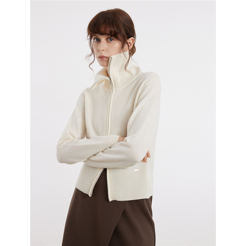 Ženski debeli vuneni kardigan pulover, poluturtleneck ovratnik, dugi rukavi, 95% kašmira