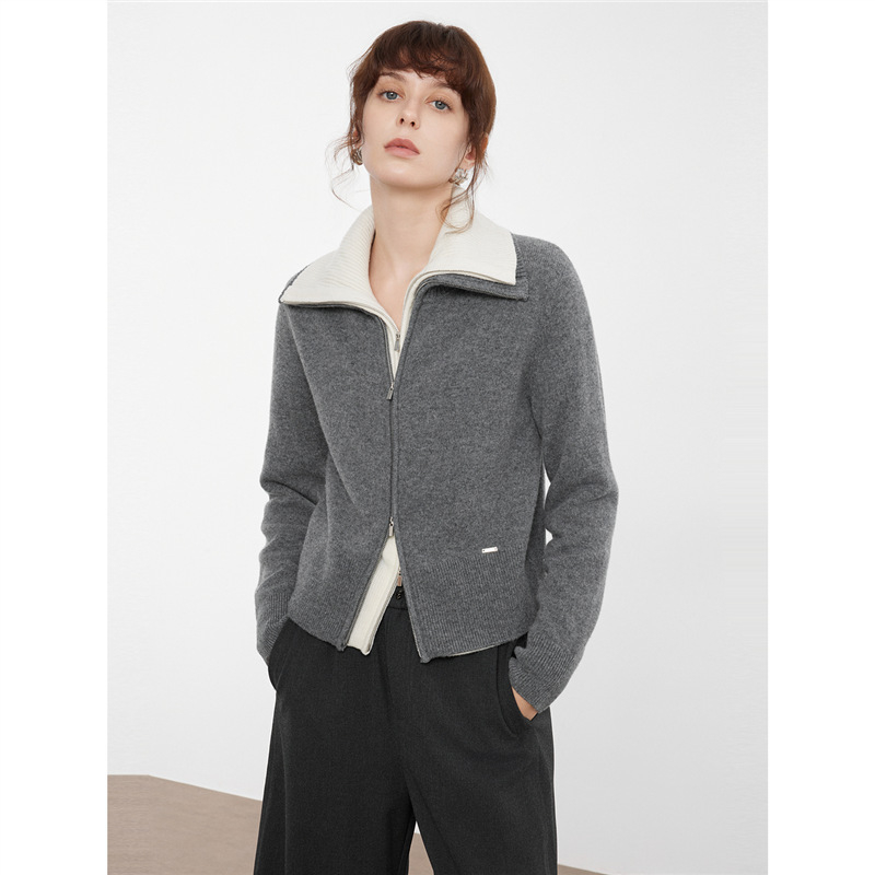 Ženski debeli vuneni kardigan pulover, poluturtleneck ovratnik, dugi rukavi, 95% kašmira