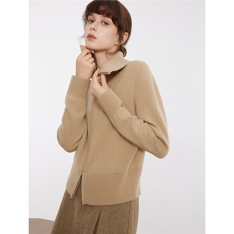 Ženski debeli vuneni kardigan pulover, poluturtleneck ovratnik, dugi rukavi, 95% kašmira