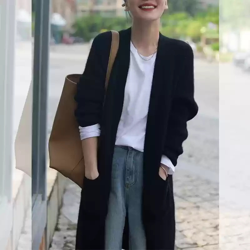 Ženski kašmirski kardigan, 95% kašmir, nad koljeno, široki kroj, street hipster stil, jesen 2024