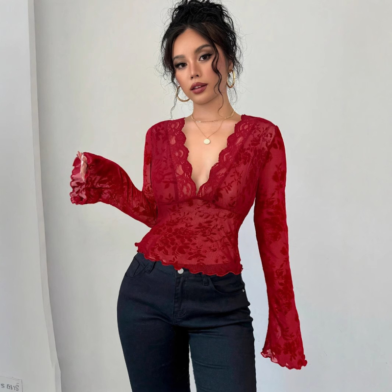 Ženski T‑shirt s V‑izrezom, čipkasti patchwork od mrežaste tkanine, zvonasti rukavi, geometrijski uzorak, uski kroj