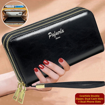 Γυναικείο κλατς πορτοφόλι από γνήσιο δέρμα με διπλό φερμουάρ, οριζόντιο τετράγωνο σχήμα, εσωτερικές θήκες για τηλέφωνο και ID, άνοιξη 2025