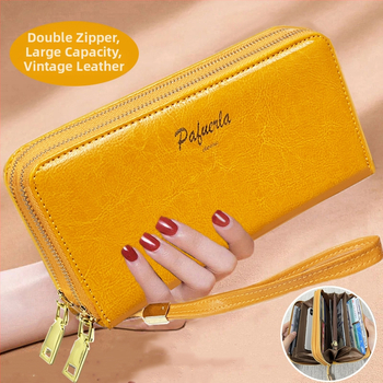 Γυναικείο κλατς πορτοφόλι από γνήσιο δέρμα με διπλό φερμουάρ, οριζόντιο τετράγωνο σχήμα, εσωτερικές θήκες για τηλέφωνο και ID, άνοιξη 2025