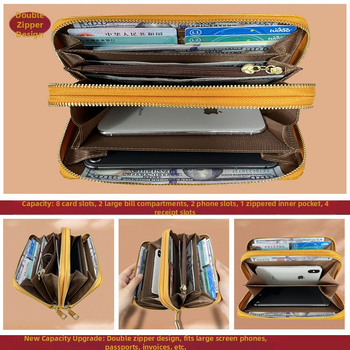 Γυναικείο κλατς πορτοφόλι από γνήσιο δέρμα με διπλό φερμουάρ, οριζόντιο τετράγωνο σχήμα, εσωτερικές θήκες για τηλέφωνο και ID, άνοιξη 2025