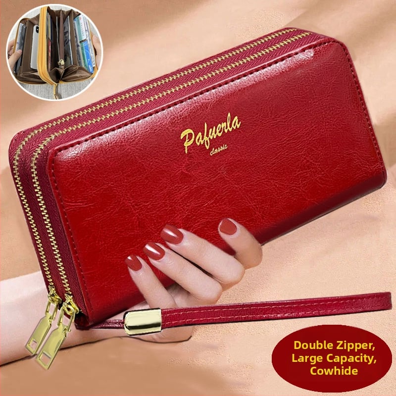 Γυναικείο κλατς πορτοφόλι από γνήσιο δέρμα με διπλό φερμουάρ, οριζόντιο τετράγωνο σχήμα, εσωτερικές θήκες για τηλέφωνο και ID, άνοιξη 2025