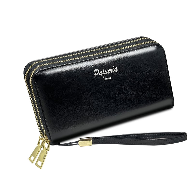Γυναικείο κλατς πορτοφόλι από γνήσιο δέρμα με διπλό φερμουάρ, οριζόντιο τετράγωνο σχήμα, εσωτερικές θήκες για τηλέφωνο και ID, άνοιξη 2025