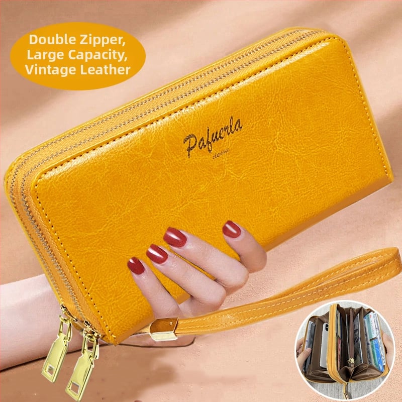 Γυναικείο κλατς πορτοφόλι από γνήσιο δέρμα με διπλό φερμουάρ, οριζόντιο τετράγωνο σχήμα, εσωτερικές θήκες για τηλέφωνο και ID, άνοιξη 2025