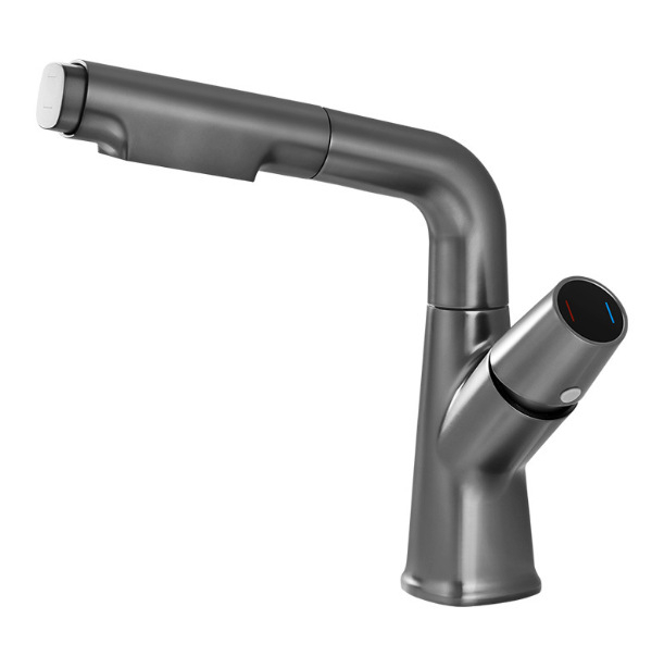 Slavina za umivaonik s izvučnom, od nehrđajućeg čelika s brušenim površinama, ugradnja ispod ploče, miješanje tople i hladne vode, tijelo ventila od mosadze